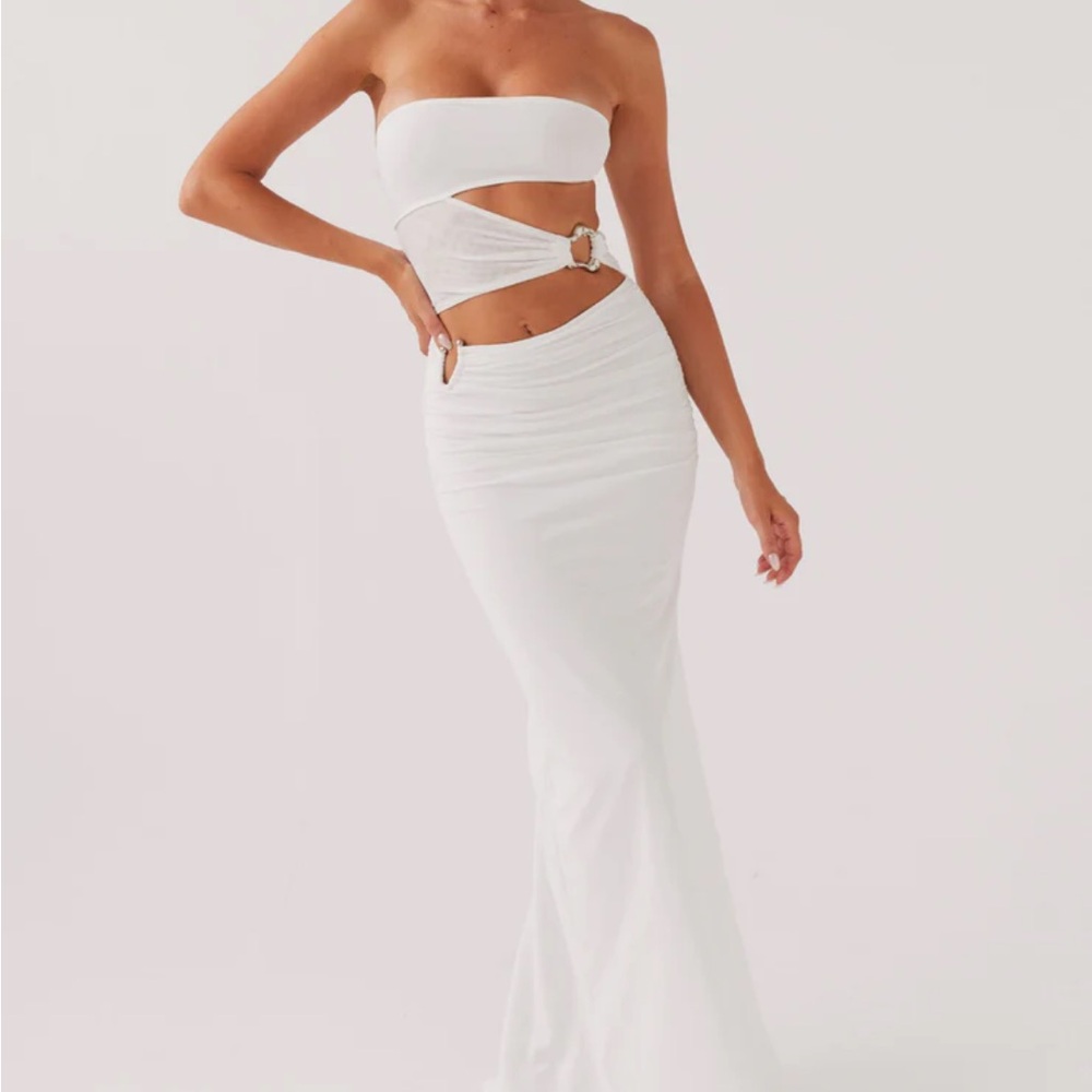 “into pieces” white maxi dress